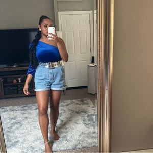 Blue one sleeve velvet bodysuit